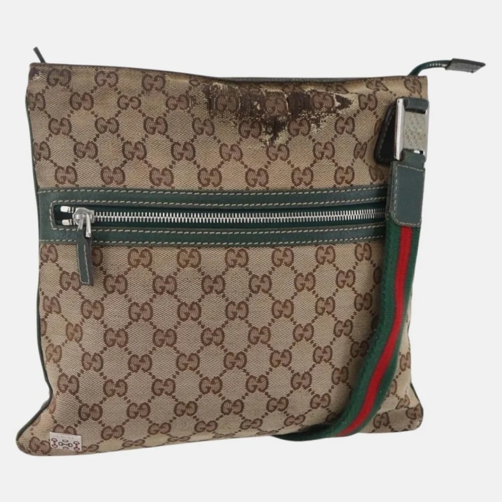 Gucci Beige Brown GG Canvas Messenger Bag with Green-Red Strap